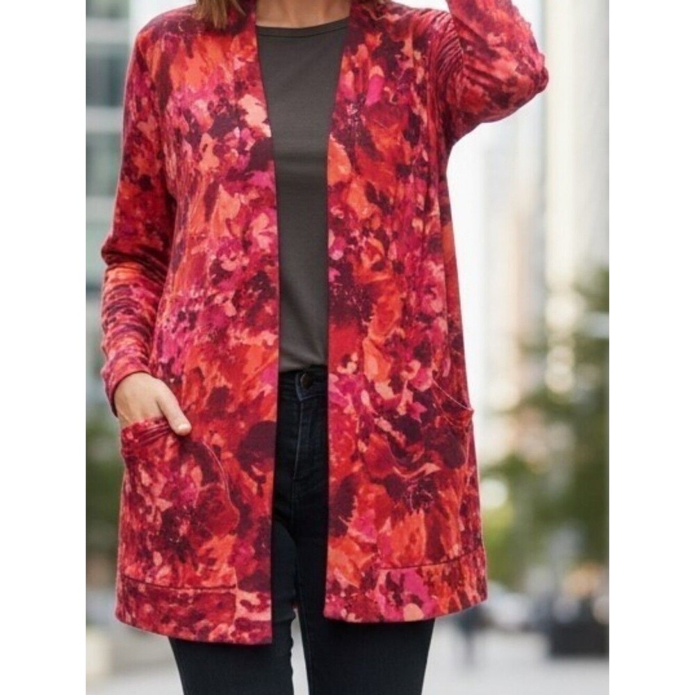 Isaac Mizrahi Live Red & Burnt Orange Floral Print Long-Sleeve Cardigan Small